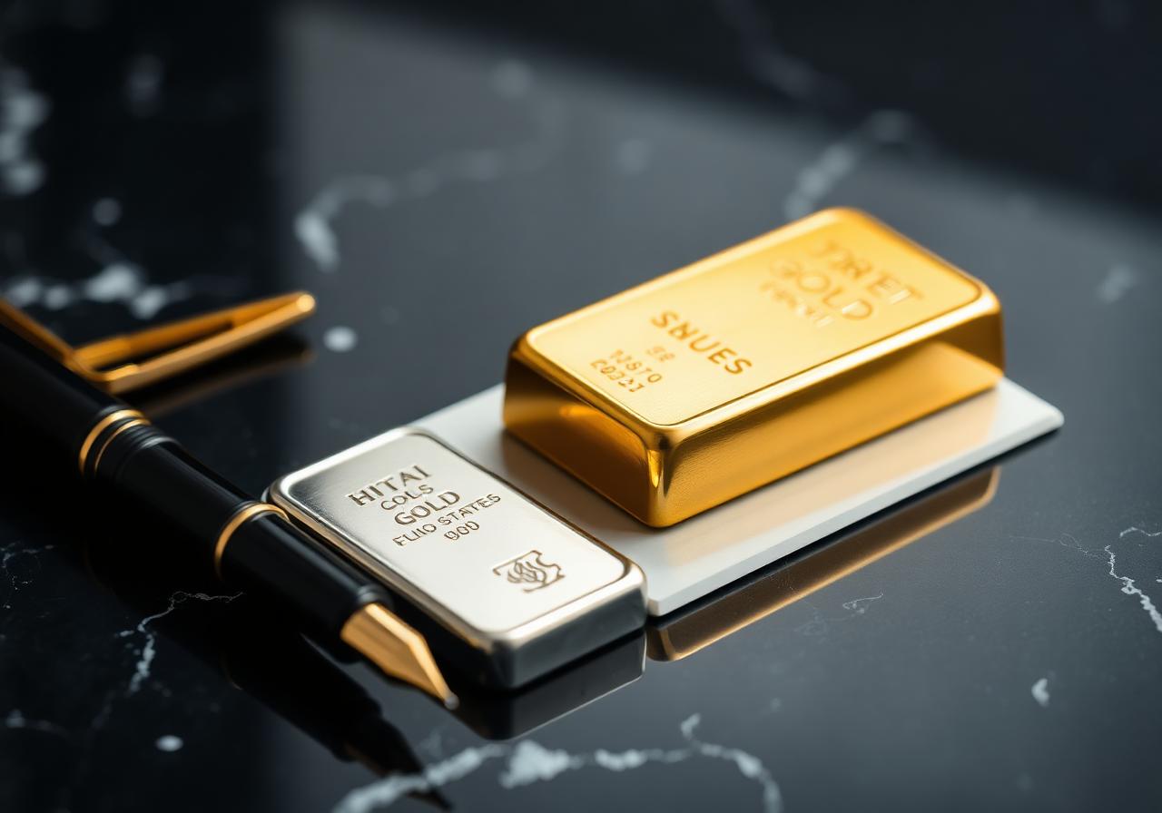 Gold and silver bullion on a navy marble surface beside a fountain pen.