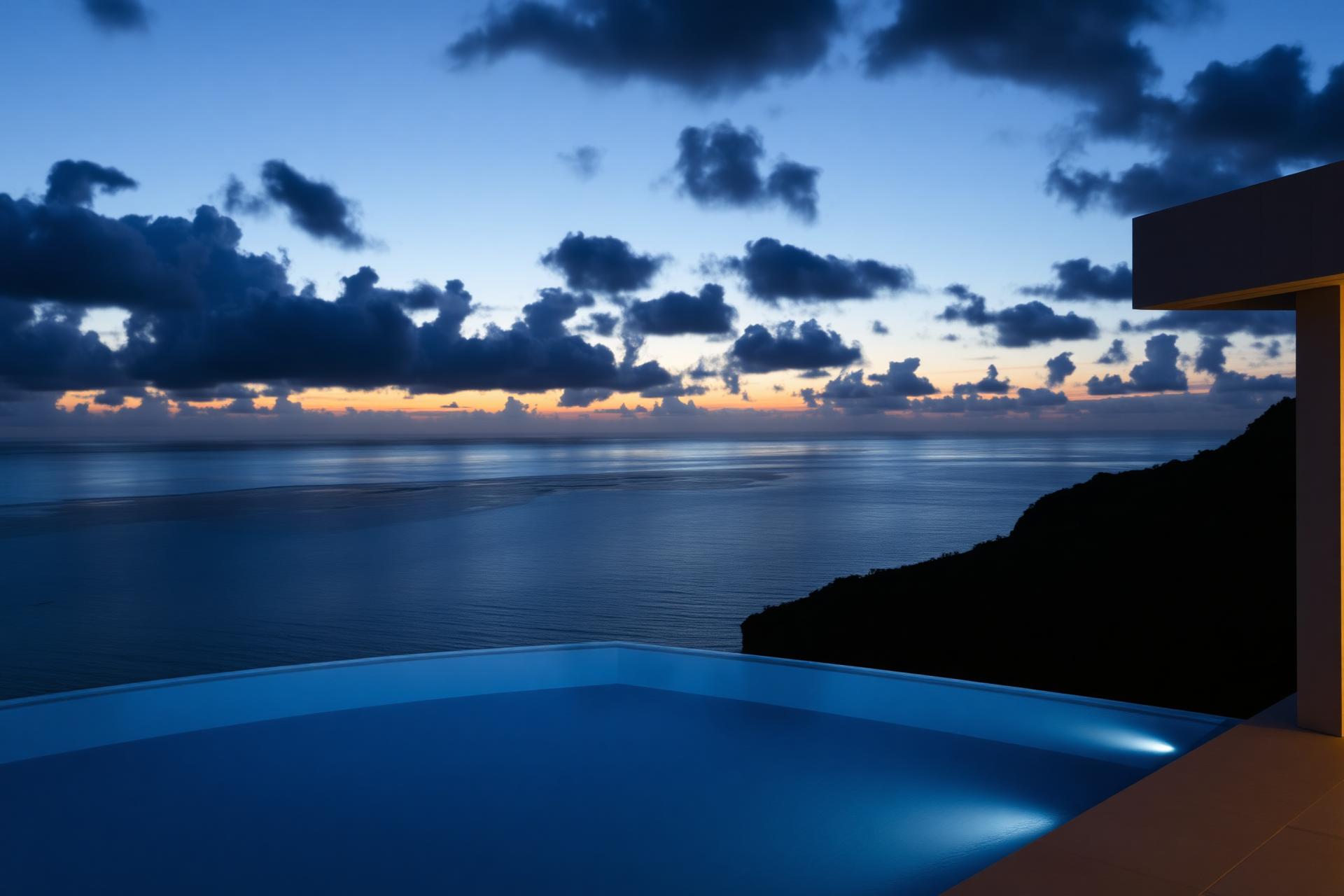 Caribbean coastline at dusk seen from a clifftop infinity pool.