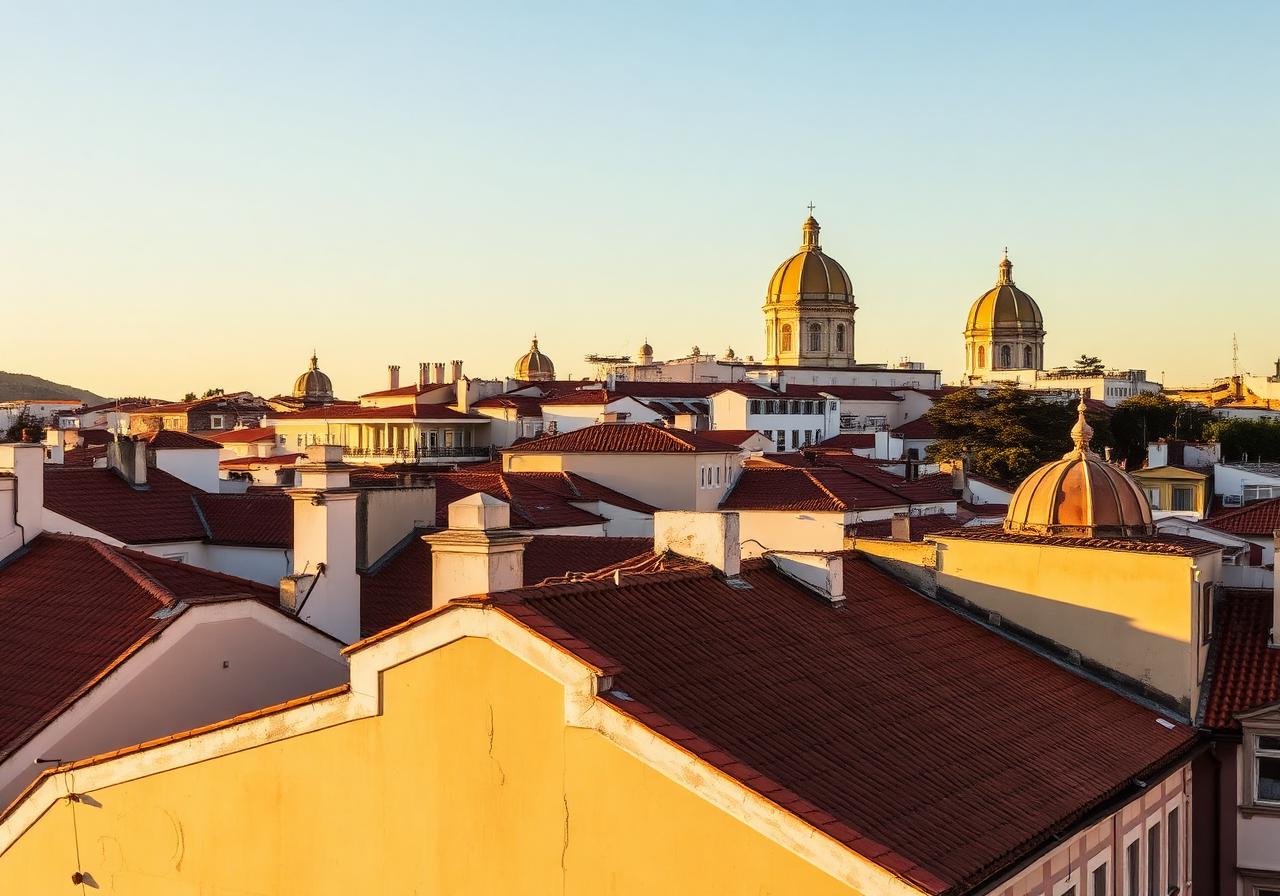 Lisbon rooftops and church domes at golden hour.