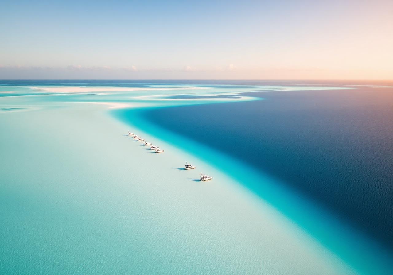 Aerial view of turquoise water and a white sandbar in Turks & Caicos.